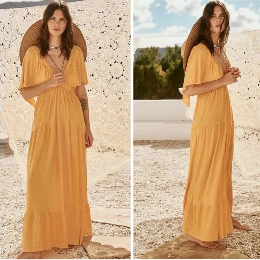 Free People Beach LaLa Maxi Dress Bird of Yellow Boho NWT Small - Picture 8 of 10